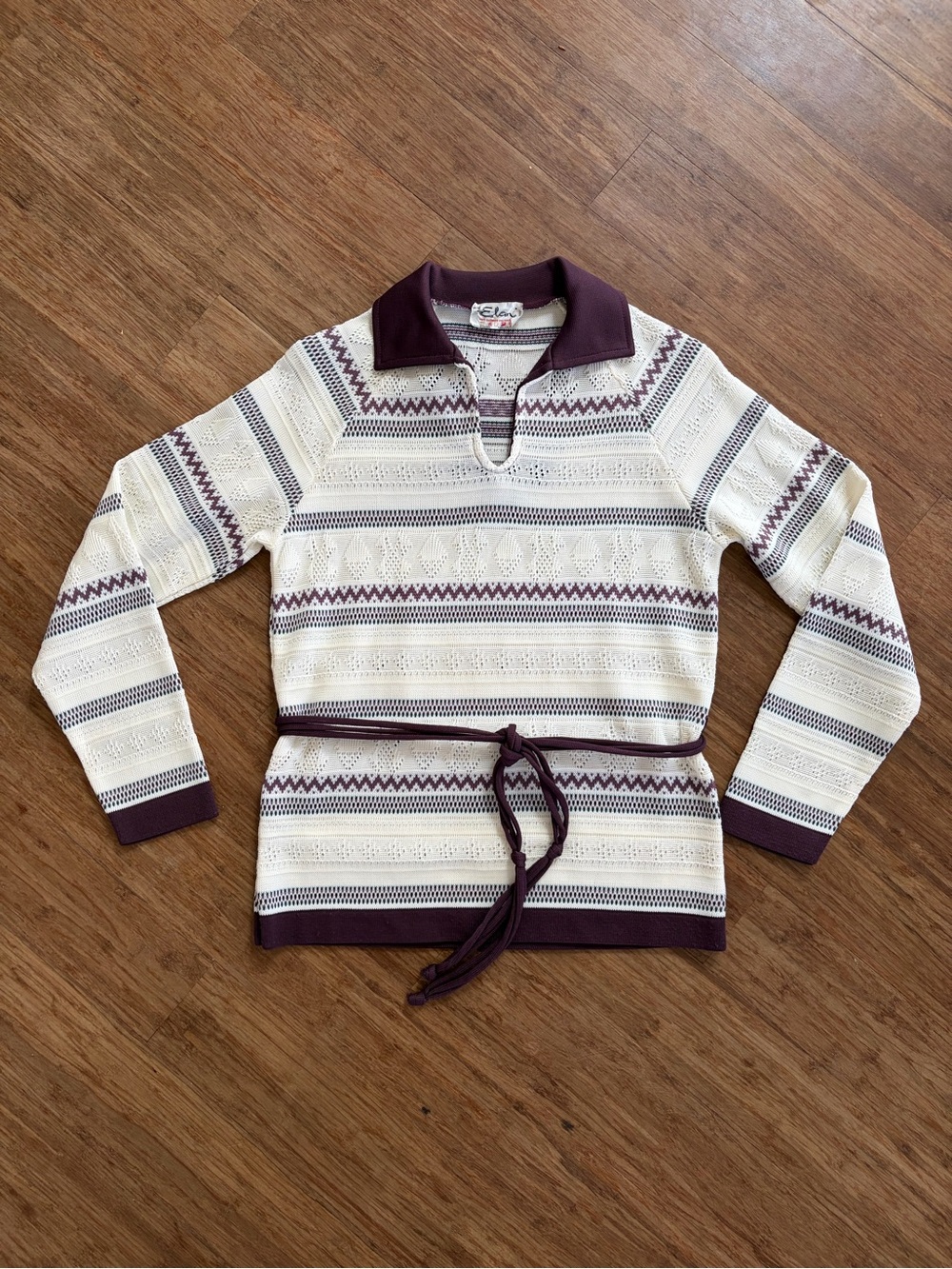 Vintage 70s Tricot Elan Point Collar Fair Isle Knit Sweater Shirt w/ Belt, sz S